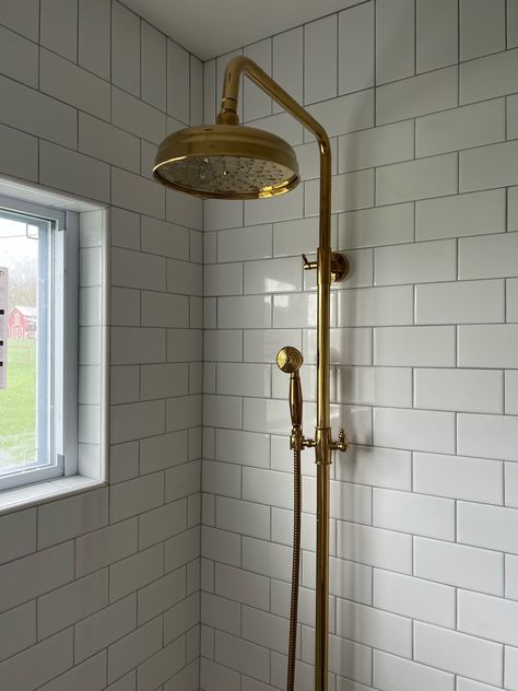 Brass Exposed Shower System, Shower With Exposed Plumbing, Antique Brass Shower System, Exposed Plumbing Shower Kit, Exposed Shower Plumbing On Glass Wall, Shower Fixtures And Hardware Ideas, Exposed Plumbing Bathroom, Exposed Shower Plumbing, German Apartment