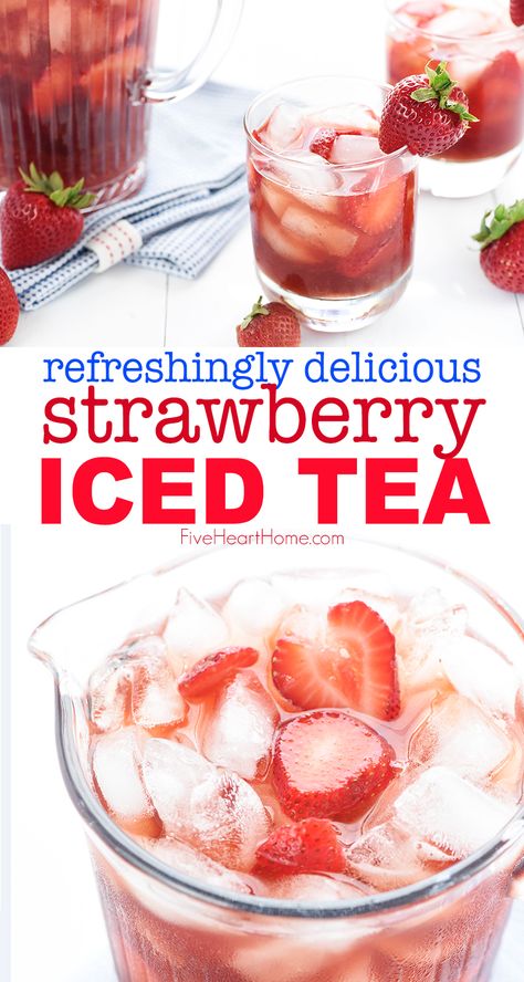 Strawberry Iced Tea is made with sweet, fresh, strawberry simple syrup for a refreshing summer drink! | FiveHeartHome.com #icedtea Strawberry Ice Tea, Summer Iced Tea Recipes, Flavored Tea Recipes, Strawberry Iced Tea, Iced Tea Recipes Homemade, Strawberry Simple Syrup, Virgin Drinks, Sweet Tea Recipes, Tea Drink Recipes