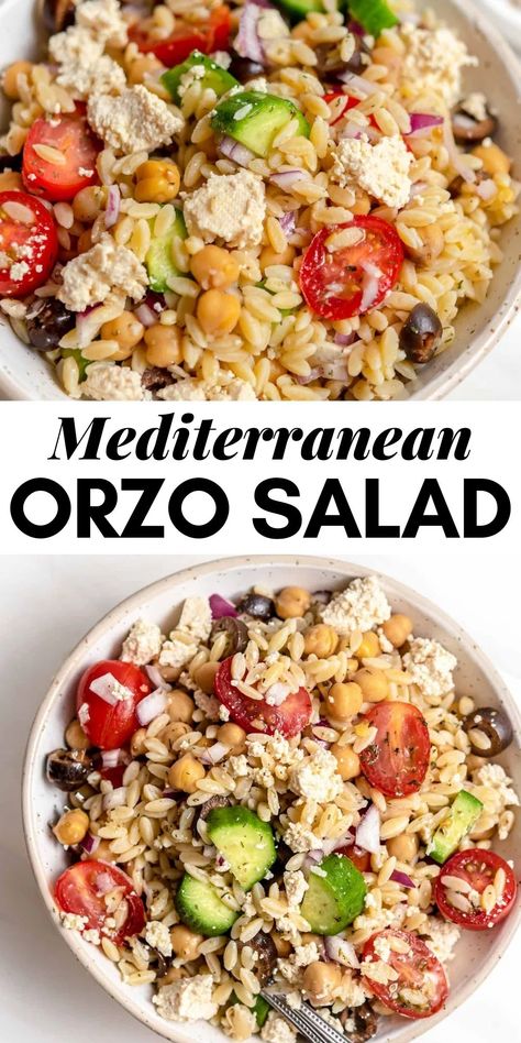 Make this delicious, vegan Mediterranean orzo salad with lemon vinaigrette, chickpeas and veggies in under 20 minutes for a quick and easy main dish or healthy side salad. Mediterranean Orzo Salad, Running On Real Food, Mediterranean Orzo, Greek Pasta Salad Recipe, Tofu Feta, Vegan Mediterranean, Recipe With Lemon, Orzo Salad Recipes, Paleo Salads