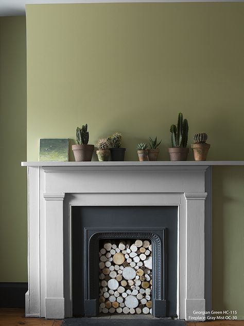 Back To The Roots Living Room!  Wall Color: Georgian Green  -  Fireplace Color: Gray Mist Green Fireplace, Green Interior Paint, Green Paint Colors, Benjamin Moore Colors, Green Colour Palette, Interior Renovation, Storing Paint, Room Color, Interior Paint Colors