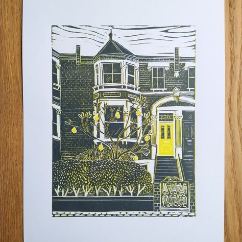 InkfulPrintCo on Instagram: "💛 Isn't Sophie's mum's house beautiful?! Sophie asked for a yellow door just like the real thing but with the yellow quinces on the tree I decided on trying a 2 colour reduction print too. Swipe to see both prints. Which do you prefer? www.inkfulprintco.com" A Beautiful House, Moving Gift, Custom House Portrait, House Portrait, Lino Cut, Moving Gifts, House Illustration, Perfect House, Custom House