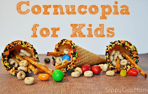 Cornucopia for Kids Thanksgiving Kid Snacks, Cornucopia Craft, Oreo Turkey, Thanksgiving Cornucopia, Thanksgiving Snacks, Thanksgiving School, Thanksgiving Preschool, Preschool Snacks, Edible Crafts