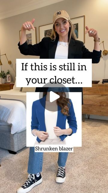 Merrick White / Style Educator on Instagram: "Some things are worth hanging on to in case they come back around in 10 years. These shrunken blazers are not them 😅  If you still have this style of blazer in your closet, it’s time for an update. Here are a few alternatives!  Do you agree?  Comment below with the word LINK and I’ll send you a DM with links to these blazer alternatives and a few other good options ❤️  #merricksclosetcleanout" Blazer Alternatives, Classy Tshirt, Jeans Blazer Outfit, Black Blazer Outfit, Black Tennis Shoes, Dressy Shirts, Tailored Blazer, Blazer And Shorts, Blazer With Jeans