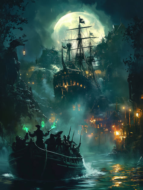 An epic illustration of the Pirates of the Caribbean attraction, in the foreground a boat with amused and frightened people, splashes of water, on the sides pirates brandishing sabers and a muskets. Behind a ghost pirate ship with cannons coming out of the mist, we can see green lights on the boat and silhouettes. In the background there is the city of Tortuga lit by torches. In the sky a huge full moon. Pirates Of The Caribbean Concept Art, Ghost Pirate Art, Pirate Hideout Concept Art, Pirates Of The Caribbean Background, Pirate Ship Aesthetic, Pirate Background, Pirate Ship Background, Pirate Artwork, Ghost Pirate Ship