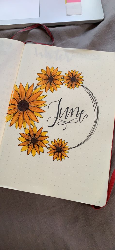 #bujo #bulletjournal #sunflowers #artist #art #drawing #coverpage #bujoinspo Organisation, Sunflower Bujo Theme, Aesthetic Assignment Cover Page, Sunflower Bullet Journal Theme, Bujo Sunflower Theme, Coverpage Ideas For Projects Aesthetic, Bujo Year Cover, Coverpage Ideas For Projects, Sunflower Bujo