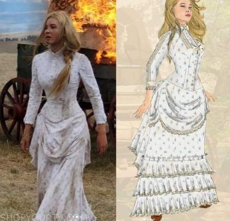 1883: Season 1 Elsa's White & Blue Floral Dress | Shop Your TV Little House On The Prairie Dress, White Blue Floral Dress, Isabel May, Nude Dresses, Blue White Floral Dress, Ethereal Dress, Nude Dress, Blue Floral Dress, Gibson Girl