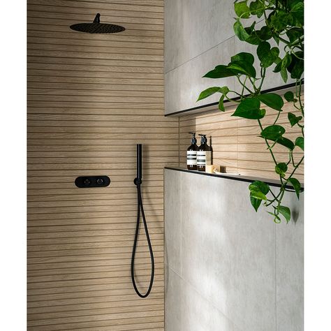 Wooden Look Tiles In Bathroom, Bathroom Wood Paneling And Tiles, Grey Wood Bathroom Ideas, Natural Shower Room Ideas, Slatted Wood Wall Bathroom, Wood Panel Shower Room, Tiles That Look Like Wood, Wooden Bathroom Tiles, Bathroom With Feature Tiles