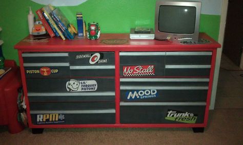 Refurbished an old dresser for my son to look like a tool box. Nothing, but paint and a few strips of wood from Home Depot to make the handles. Tool Box Dresser Diy, Tool Box Dresser, Box Dresser, Truck Room, Captain Caveman, Dresser Diy, Car Room, Box Bedroom, Cars Room