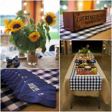 Barn Wedding Rehearsal BBQ-- Why not for the reception? Do the table covers in the checkered blue and white and use the yellow centerpieces for accent?? @Claudia Witt Rehearsal Bbq, Wedding Rehearsal Dinner Decorations, Bbq Rehearsal Dinner, Yellow Centerpieces, Rustic Rehearsal Dinners, Rehearsal Dinner Decorations, I Do Bbq, Bbq Wedding, Dinner Decoration