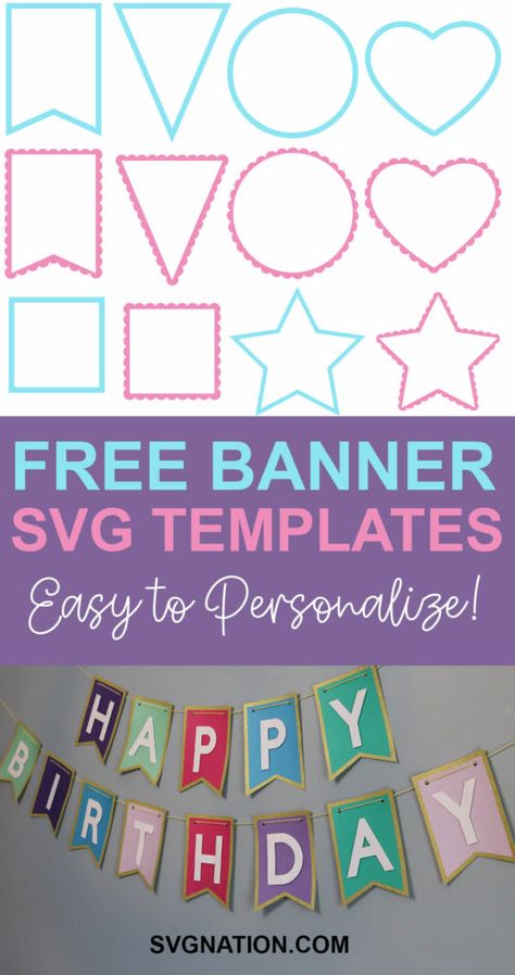 Free Banner Svg Files For Cricut, Cricut Banner Template Free, Banner Svg Free Cricut, Diy Banner Template, Svg Free Cricut, Cricut Banner, Happy Birthday Banner Diy, Pendant Banner, Banner Svg