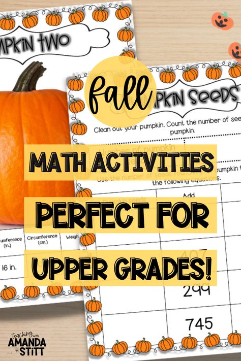 Are you an upper grade math teacher looking to some fall fun into your classroom? This blog is for you! Discover 4 fall math activities that your students will love. These activities include a pumpkin math activity that practices 3rd, 4th, and 5th grade whole number and decimal place value skills. Plug these ideas and worksheets into your math centers, lessons, and teaching plans. Fall activities aren't just for little kids. Discover how to bring seasonal fun into your upper grade math class. Halloween Math Upper Elementary, 1st Grade Fall Math Activities, November 3rd Grade, Thanksgiving Math Activities 4th Grade, Fall Activities For Third Grade, Pumpkin Classroom Activities, Pumpkin Math Activities, Math Stem Activities, Pumpkin Activity