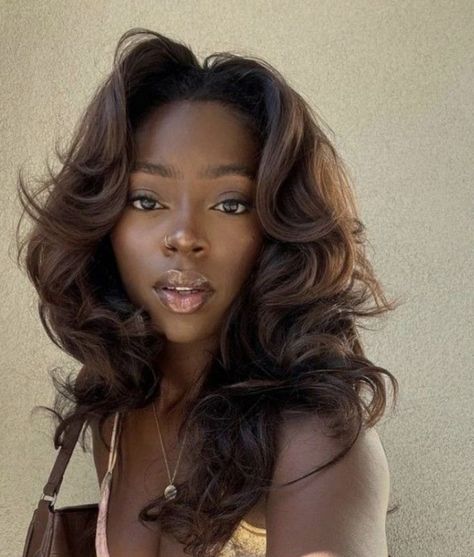 medium brown hair, black girl, bundles, wig, hair care, beauty, makeup, aesthetics, model, sew-in, natural hair Relaxed Hair Blowout, Brazilian Blowout Black Women, African American Blowout Hair Natural, Curly Sew In With Bangs, Black Blowout Hair, Blowout Hair Wedding, Medium Blowout Hairstyles, Brown Layered Hair Medium, Prom Blowout Hairstyles