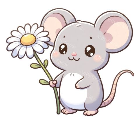 Kawaii Mouse Drawing, Cartoon Flowers Drawing, Cute Mouse Drawing, Cute Mouse Illustration, Mouse With Flower, Animal Digital Art, Maus Illustration, Mouse Clipart, Mouse Cute