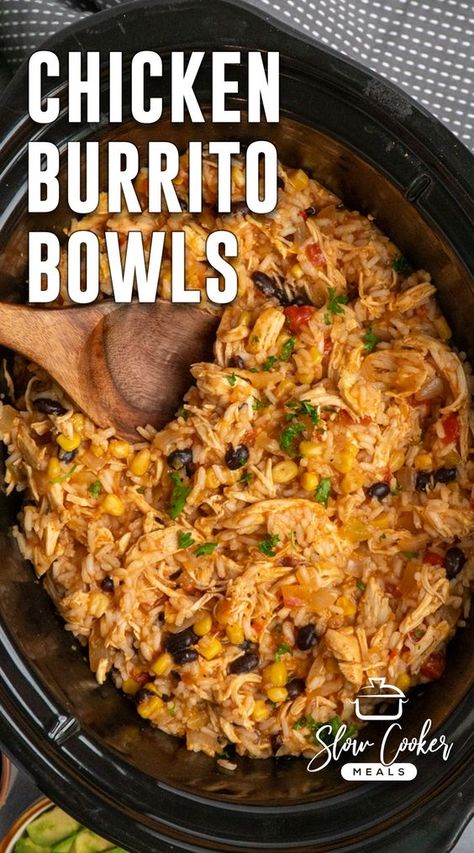 Enjoy this easy Crock Pot Chicken Burrito Bowl recipe! It's a simple weeknight dinner winner with slow-cooked and seasoned chicken, beans, corn, and rice. Just add your favorite burrito toppings for a tasty, stress-free meal for dinner or meal prep throughout the week! Crockpot Meal Prep, Chicken Burrito Bowls, Chicken Bowl Recipe, Burrito Bowls Recipe, Chicken Burrito, Chicken Burrito Bowl, Burrito Bowls, Chicken Burritos, Crockpot Recipes Beef