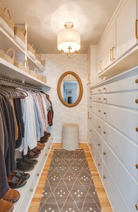 walk-in closet for him // @simplifiedbee #oneroomchallenge Closet Transformation, Master Closet Design, Master Closet Organization, Small Walk In Closet, Corner Vanity, Organized Closet, Walking Closet, Dream Closet Design, Closet Design Layout