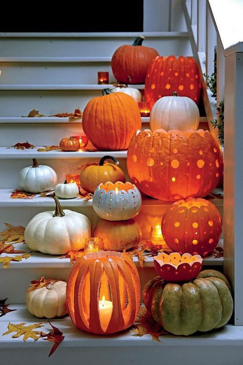 When it’s time to decorate the ins and outs of your home for autumn, these creative pumpkin porch decor ideas will make your front porch look festive and positively full of fall. #fallporchdecor #curbappeal #pumpkins #frontdoorideas #southernliving Creative Pumpkin Decorating, Easy Pumpkin Carving, Amazing Pumpkin Carving, Pumpkin Carving Designs, Halloween Memes, Pumpkin Topiary, Creative Pumpkins, Diy Thanksgiving, Thanksgiving Diy