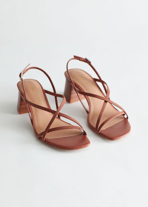 Strappy square-toe leather sandals with stacked block heels.Heel height: 6.5cm / 2.5" Brown Sandals Heels, Strappy Block Heel Sandals, Strappy Block Heels, Brown Leather Sandals, Strappy Sandals Heels, Blue Sandals, Brown Sandals, Block Heels Sandal, Suede Heels