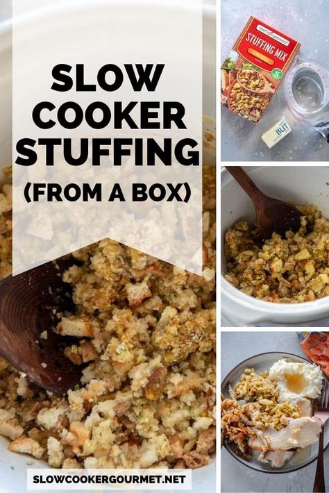 Need a hack to make your Thanksgiving dinner a bit easier? How about using your slow cooker to make your boxed stuffing mix? No stove, no boiling! Just stuffing ready when you are! #slowcooker #thanksgiving #stuffing Boxed Stuffing Recipes Ideas, Stuffing Crockpot, Slow Cooker Stuffing, Stuffing Recipes Crockpot, Crockpot Stuffing, Dump Recipes, Bread Stuffing, Thanksgiving Foods, Christmas Side