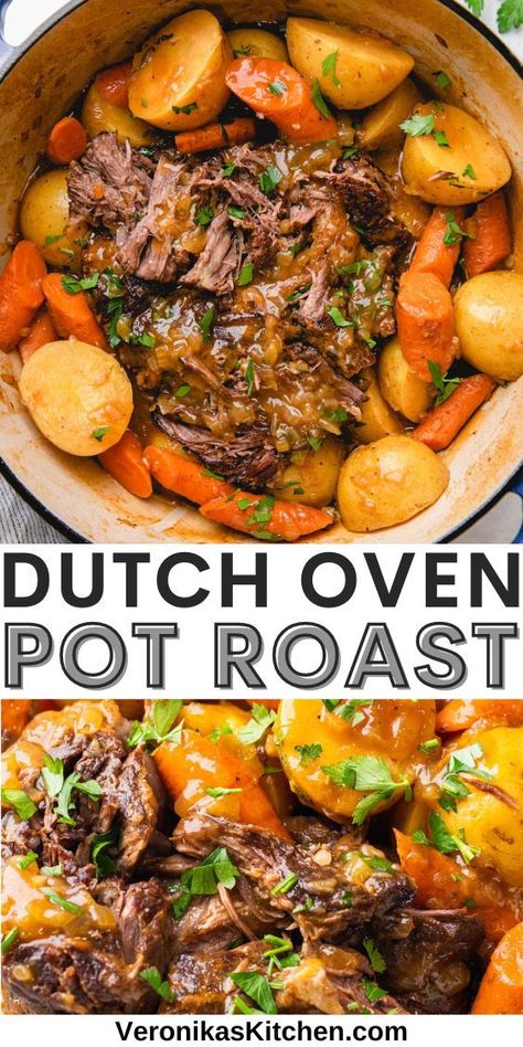 Pot roast and potatoes and carrots in a pot. Por Roast Oven, Roast Beef Recipes Dutch Oven, Beef Roasts In The Oven, Por Roast Recipe, Beef Roast In Dutch Oven, Roaster Pan Recipes, Beef Dutch Oven Recipes Dinners, Roast In Dutch Oven Beef, Recipes For Dutch Oven Meals