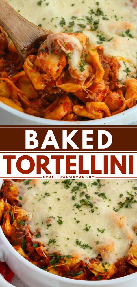 Check out this baked tortellini recipe! This casserole is such a tasty, hearty pasta dish. Made with Italian sausage in marinara sauce, this cheese tortellini bake is an easy comfort food dinner your family will love! Cheese Tortellini Bake, Easy Baked Tortellini, Tortellini With Sausage, Baked Tortellini Recipes, Cheese Tortellini Recipes, Baked Tortellini, Tortellini Recipe, Easy Comfort Food Dinners, Tortellini Bake