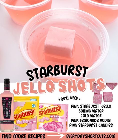 Hot Pink Jello Shots, Malibu Barbie Jello Shots, Starburst Watermelon Jello Shots, Jello Shots Pink Whitney, Strawberry Starburst Jello Shots, Pink Whitney Jello Shots Recipe, Pink Jello Shots Recipes, Pretty Jello Shots, Pink Jell-o Shots