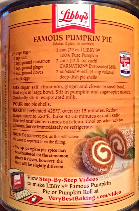 Libby's Pumpkin Pie *BUT, I add a pinch of nutmeg,use 1/2 cup white sugar and 1/4 cup brown sugar. I also do not add the entire 12 oz of evaporated milk (maybe 10 oz)... sets up nice and firm. Always get great reviews for my pie. And brush melted butter on pie crust (even if store bought). NOTE: my notes are for one pie, the photo of the recipe is for 2 pies!! Libby's Pumpkin Pie, Libbys Pumpkin, Libbys Pumpkin Pie, Pumpkin Pie Mix, Easy Pumpkin Pie, Pumpkin Pie Recipe, Pumpkin Pie Filling, Pumpkin Pie Recipes, Köstliche Desserts