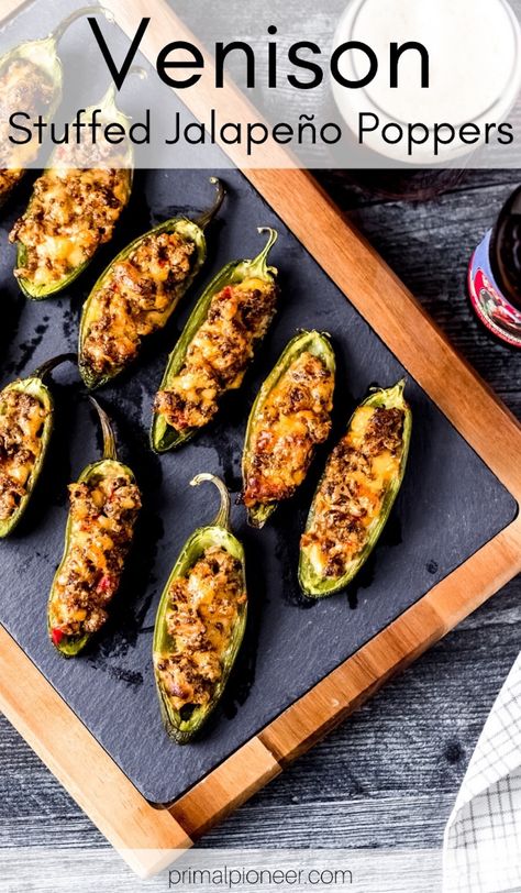 If you’re looking for your next game day appetizer, look no further! These delicious Venison Stuffed Jalapeno Peppers from Primal Pioneer are sure to please the whole crowd, even those who don't like venison. Venison Jalapeno Cheddar Summer Sausage, Venison Stuffed Peppers, Venison Appetizer Recipes, Game Meat Recipes, Venison Sausage Recipe Dinners, Venison Ground Meat Recipes, Ground Venison Recipes Easy, Venison Jalapeno Poppers, Venison Appetizers