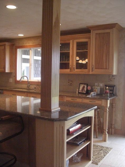 island with post Kitchen Islands With Structural Posts, Vintage Kitchen Ideas 1950s, Kitchen Island With Columns Posts, Kitchen Island Column, Island With Post, Post In Kitchen, Kitchen Columns, Beadboard Kitchen, Small Kitchen Renovations