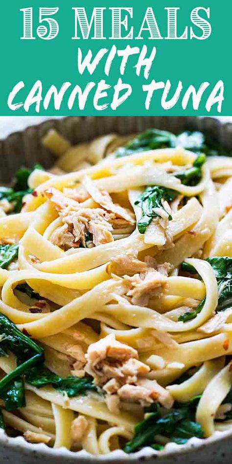 15 awesome recipes for canned tuna! Tuna patties, tuna salad, tuna pasta, and more! #CannedTuna #Tuna #Dinner #EasyDinner #MealPlanning Chunk Tuna Recipes, Banting Dinner Ideas, Tuna Bowls Canned, Tuna Supper Ideas, Tuna And Brown Rice Recipes, Tuna And Spaghetti Recipes, Canned Tuna And Pasta Recipes, Spaghetti And Tuna Recipes, Tin Tuna Recipes Dinners