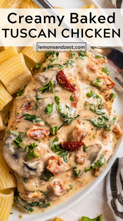 This cozy and comforting creamy Baked Tuscan Chicken is a simple take on a classic dish. A dump and bake chicken breast recipe that can be prepped and served in about 30 minutes. A great dish for a simple weeknight meal or a dinner party--perfect for any occasion! Oven Baked Meals Dinner Tonight, Dump And Bake Tuscan Chicken Pasta, Baked Tuscan Chicken Breast, Tuscan Chicken Casserole Recipes, Oven Baked Tuscan Chicken, Tuscan Chicken Oven, Baked Tuscan Chicken Casserole, Date Night Dinner Recipes Chicken, 3 Course Meal Ideas Dinners For Two