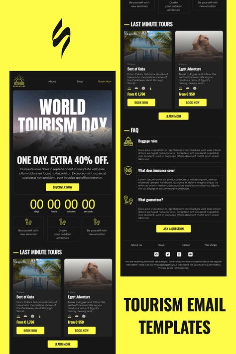 World Tourism Day Email Template "Be yourself with new emotion" for Travel industry. Create professional, responsive emails fast with no HTML skills. Follow us on Pinterest for more inspiration and tips. 🤗 #worldtourismday #stripoemail #emailnewsletter #emailtemplates #emaildesign #emailmarketing Email Newsletter Inspiration, Email Flyer, World Tourism Day, Newsletter Inspiration, Design Campaign, Holiday Emails, Email Template Design, Responsive Email, Tourism Day