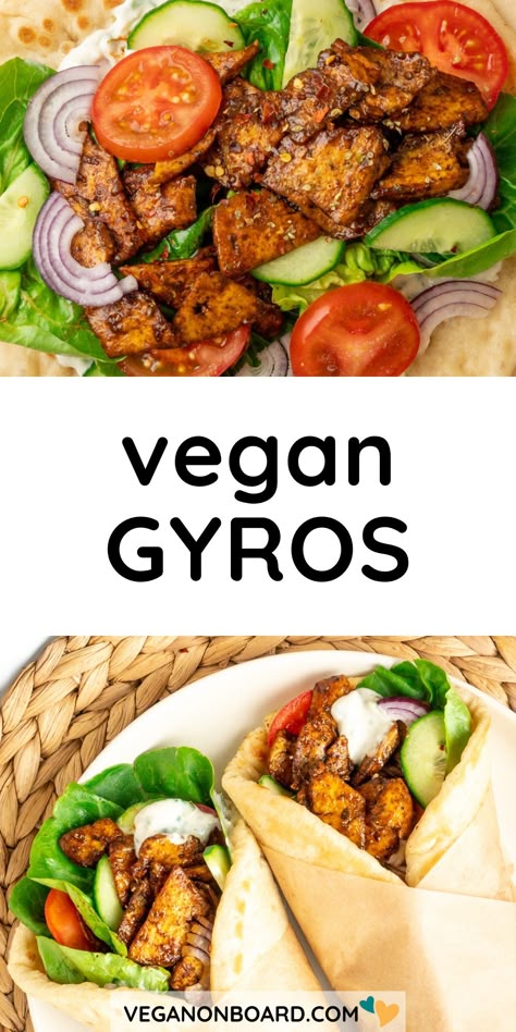 Tofu is transformed into a delicious vegan gyros filling with plenty of classic Greek-inspired flavour, that can be enjoyed in a pita wrap or a vegan gyros platter. Vegan Pita Wrap, Tofu Gyro Recipe, Greek Vegan Recipes, Vegetarian Wraps Recipes, Vegetarian Gyro Recipe, Tofu Gyros, Vegetarian Gyros, Vegan Wrap Recipes, Greek Tofu