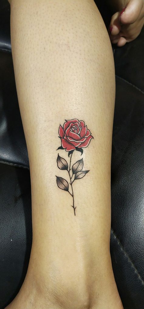 Red Shaded Rose Tattoo, Red Rose Black Stem Tattoo, Rose Tattoo Red And Black, Black Rose With Red Shading Tattoo, Colored Rose Tattoo Men, Red And White Rose Tattoo, Single Red Rose Tattoo, Rose Calf Tattoo, Red Rose Tattoo Men