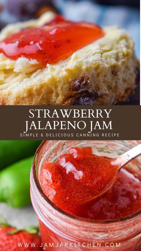 Jalapeño strawberry jam Strawberry Jalapeno Jelly Recipe, Strawberry Jalapeno Jam Recipe, Jelly Without Pectin, Jalapeno Jam Recipe, Strawberry Jalapeno Jam, Fruit Jelly Recipe, Jalapeno Jelly Recipes, Pepper Jam, Canning Jam Recipes