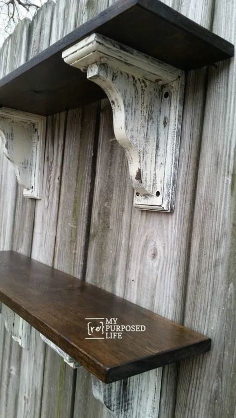 Easy to Make Farmhouse shelves for your home. Tutorial on assembling shelves using pre-made corbels. Tips on painting and staining the perfect farmhouse look. #MyRepurposedLife #repurposed #farmhouse #shelf #diy #project via @repurposedlife Wood Shelves Living Room, Rustic Wood Shelving, Barnwood Shelves, Corbel Shelf, Rustic Wall Shelves, Reclaimed Wood Shelves, Farmhouse Shelves, Estantes Flotantes, Wooden Shelf