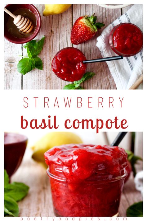 Strawberry Basil Compote, Strawberry Basil Cupcakes, Desserts With Basil, Strawberry Basil Dessert, Strawberry Basil Cake, Strawberry Basil Jam Recipe, Strawberry Confit, Strawberry Compote Recipe, Strawberry Basil Jam