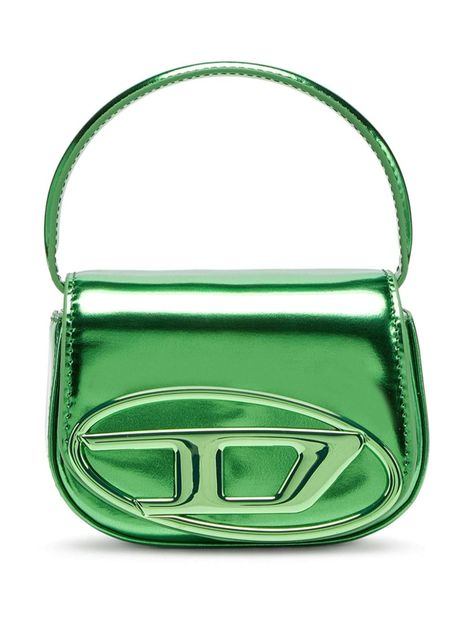 jade green calf leather mirrored finish tonal design tonal logo plaque single flat top handle adjustable detachable shoulder strap foldover top with magnetic fastening main compartment internal slip pocket Divinely Protected, Green Purses, Diesel Brand, Diesel Bag, Leather Mirror, Green Purse, Bag Green, Mood Board Fashion, Dolce E Gabbana