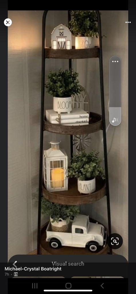 Decorate A Corner Shelf, How To Decorate A 5 Tier Corner Shelf, Corner Tiered Shelf, Tiered Ladder Shelf Decor, Tall Tiered Tray Decor, 4 Tier Shelf Decor, Farmhouse Ladder Shelf Decor, Corner Shelf Ideas Living Room, Country Sampler Decorating Ideas