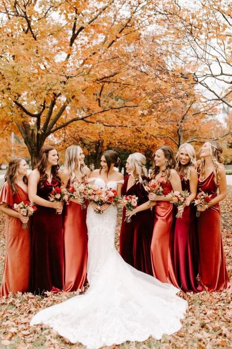 Fall long mismatched bridesmaid dresses for an autumn affair | Beautiful outdoor bridal party wedding photo ideas | Morgan and Spencer's Wedding video at The Otten On Main in Kansas City, Missouri by Moonlit Visuals - Love Stories TV Maroon Mix Match Bridesmaid Dresses, Fall Wedding Burgundy Bridesmaid Dresses, Azazie Bridesmaid Dresses Mix And Match Fall, Cinnamon Wedding Flowers, Red Shades Bridesmaid Dresses, Spice And Navy Wedding, Fall Wedding Mismatched Bridesmaids, Fall Mismatched Bridesmaid Dresses, Cabernet Wedding