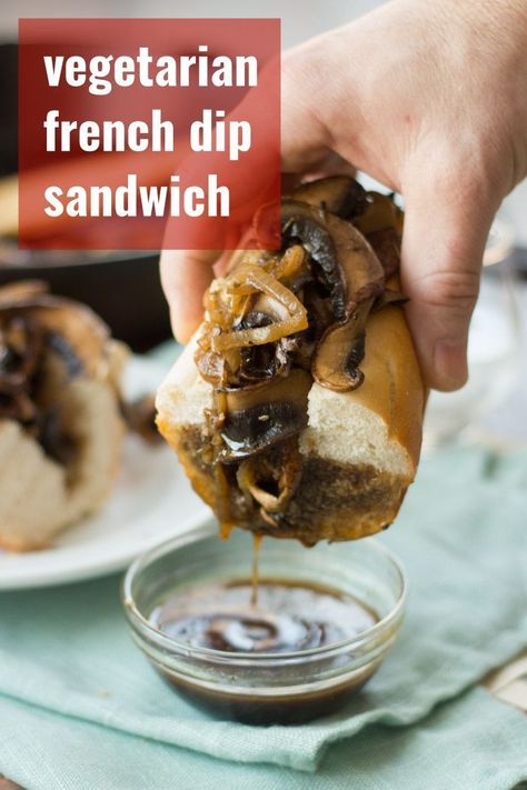 These vegan French dip sandwiches are made with sautéed portobello mushrooms, dressed in spicy horseradish mustard and served ready for dipping in savory vegan au jus. A mouth-watering vegetarian… Vegan Au Jus, Vegan French Dip, Horseradish Mustard, Au Jus Recipe, Dip Vegan, Mushroom Sandwich, French Dip Sandwiches, Dip Sandwiches, Vegan French