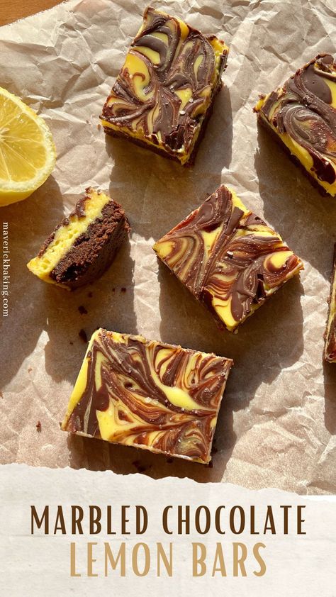 Chocolate Lemon Bars, Chocolate And Lemon Desserts, Chocolate Lemon Desserts, Lemon Chocolate Desserts, Pastry Packaging, Food Essentials, Marbled Chocolate, Chocolate Lemon, Lemon Brownies