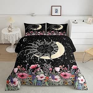 Witchy Bedding Set, Mystical Bedroom Cozy, Witchcore Bedroom, Galaxy Quilt, Celestial Bedroom, Bedroom Decor Black, Moon Bedding, Dark Bedrooms, Butterfly Duvet Cover