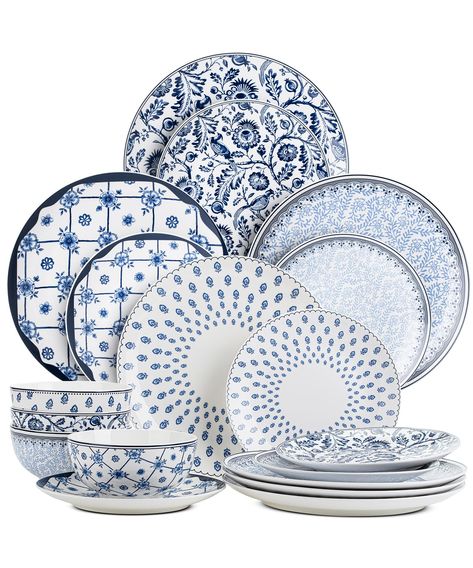 PRICES MAY VARY. BTaT dinner set is a beautifully curated collection of 12-piece bone china dinner set, featuring a mix of intricate blue patterns on white background, giving a classic yet contemporary feel to the table setting This set includes 4 small 5.5-inch bowls, perfect for serving desserts, cereals, or small appetizers. Each bowl is adorned with unique blue designs that are charming and elegant. The 4 medium 8-inch coupe plates are ideal for salads, sandwiches, or starters, with each pla Blue Dishes Display, French Country Dinnerware Sets, Dinner Sets Dinnerware Beautiful, Mix Match Dinnerware, White And Blue Plates, Navy Blue Thanksgiving Table, French Dishware, Dinner Plates Ideas, Blue And White Kitchen Decor