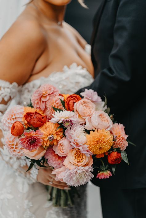 Dahlias, ranunculus, and roses bridal bouquet in bright summer colors. PC Hillside Film & Photo Dahlia Ranunculus Bouquet, Dahlia Bride Bouquet, Dahlia Wedding Decor, Bridal Bouquet August, Dahlia Bouquet Wedding, Wedding Ranunculus, Dahlia Bridal Bouquet, Dahlia Wedding Bouquets, Roses Bridal Bouquet