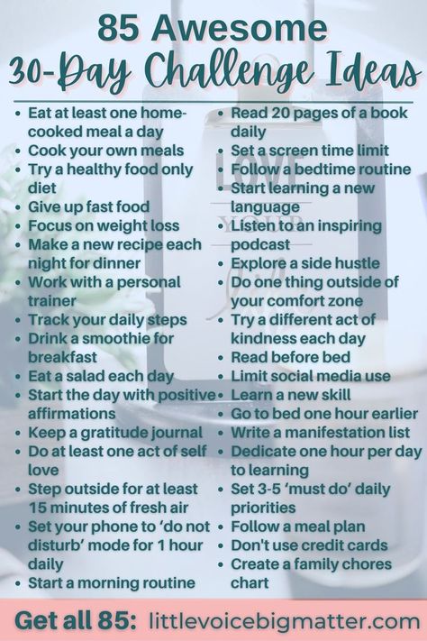 85 Awesome 30 Day Challenge Ideas August 30 Day Challenge, Weekly Health Challenge Ideas, Nutrition Challenge Ideas, Monthly Challenge Ideas Fun, Be Unrecognizable In 30 Days, Work Wellness Challenge Ideas, Healthy Challenge Ideas, Try Something New Ideas, Monthly Challenge Ideas 30 Day