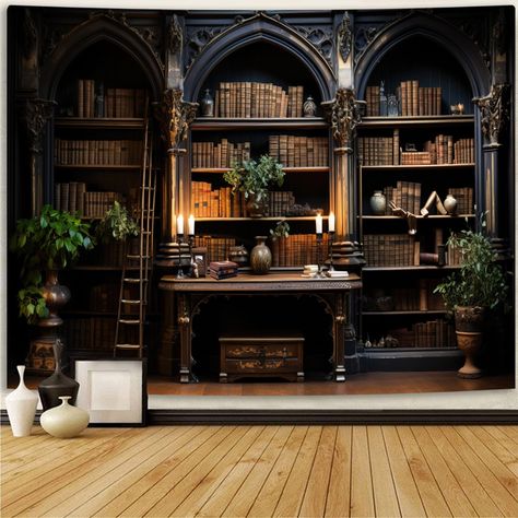 PRICES MAY VARY. Elegant Design: The intricate design features a vintage bookshelf scene, complete with gothic and medieval elements that evoke the charm of an old library. High-Quality Material: Made from 100% polyester, this tapestry is soft, durable, and lightweight, making it easy to hang and maintain. Versatile Decor: Ideal for use as wall art in your student book office, bedroom, or college dorm. It also serves as a unique backdrop for Halloween and other themed events. Three Sizes Availab Murphy Book Shelf Door, Wall Book Shelves Living Room, Halloween Book Decor, Fae Kingdom, Spooky Bookshelf, Gothic Bookshelf, Moody Study, Gothic Apartment, Puts Houses