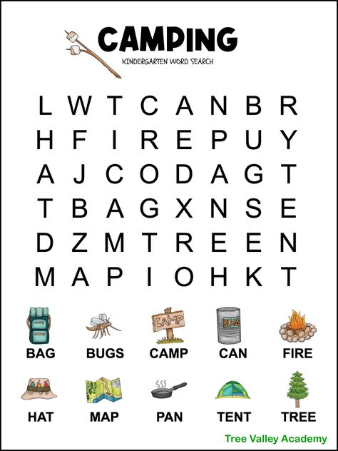 Word Search For Kindergarten, Camping Word Search, Puzzles For Kindergarten, Kindergarten Word Search, Camping Activites For Kids, Camping Printables, Easy Word Search, Free Printable Word Searches, Free Word Search