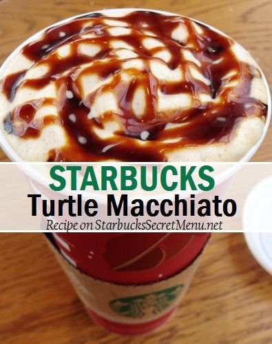 Starbucks Turtles Macchiato #starbuckssecretmenu Recipe here: http://starbuckssecretmenu.net/turtle-macchiato-starbucks-secret-menu/ Turtle Mocha Recipe, Mocha Syrup, Macchiato Recipe, Starbucks Secret Menu Recipes, Coffee Recipes Starbucks, Secret Starbucks Drinks, Starbucks Secret Menu Drinks, Starbucks Coffee Drinks, Starbucks Secret