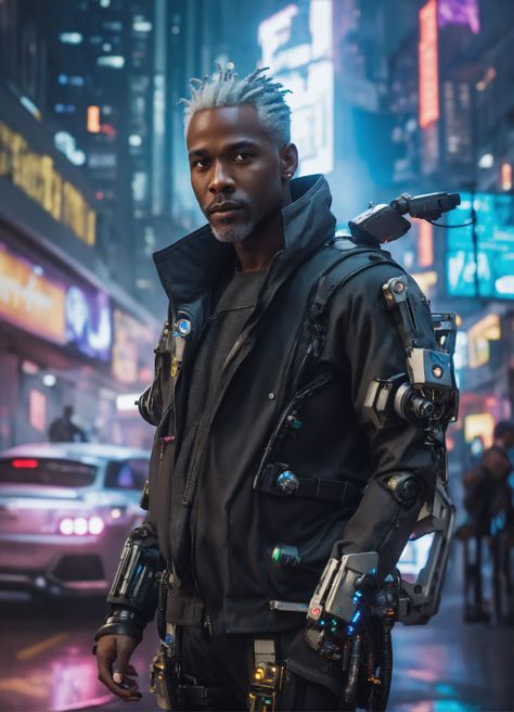 Lexica - A black man with grey hair and robotic eyes dressed in a futuristic suit in a cyberpunk city Futuristic Character Design Male, Cyberpunk Art Male, Man With Grey Hair, Futuristic Space Suit, Futuristic Character Design, Cyberpunk Hair, Futuristic Suit, Cyberpunk Men, Cyberpunk Male