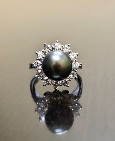 DeKara Designs Collection  Beautiful Art Deco/Vintage/Modern Style Pearl Engagement Ring. Metal- 90% Platinum, 10% Iridium, 18K Yellow Gold, .750, 11.3 Grams. Stones- 10 MM Round Tahitian/South Sea Black Pearl, 12 Round Diamonds, F-G color VS1 clarity, 1.00 Carats. The ring is beautiful with a unique Tahitian pearl that is round in shape.  This pearl changes from champagne brown, to a purple bronze color.  This is a fantastic pearl that is also rare to find.  The pearl is set in between a separa Wedding Ring Pearl, Engagement Ring Black, Black Pearl Ring, Tahitian Pearl Ring, Pearl Wedding Ring, Black Pearl Earrings, Black Engagement Ring, Pearl Engagement Ring, Yellow Gold Setting